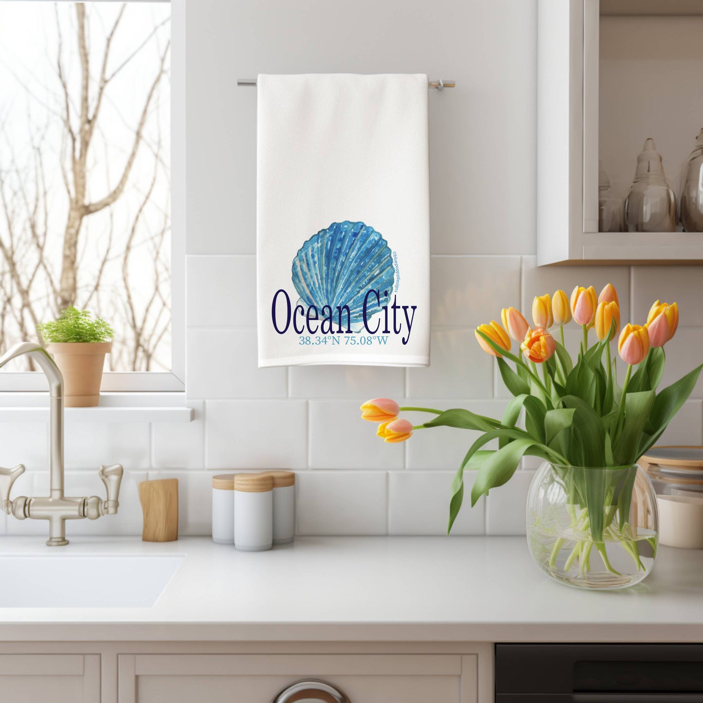 Scallop Shell Kitchen Towel Tea Towel Blue Poppy Designs