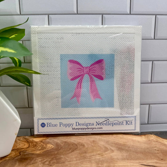 Bow Needlepoint Design (Pink with Blue) Needlepoint Kit Blue Poppy Designs