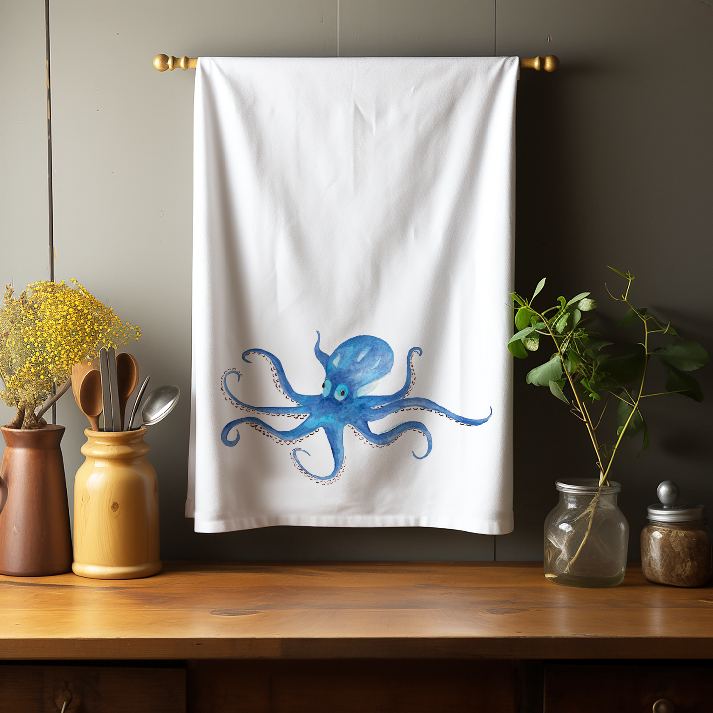 Custom Your Town Octopus (watercolor) 27x27 Kitchen Towel Kitchen Towel/Dishcloth Blue Poppy Designs