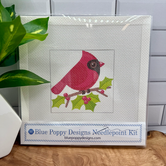 Cardinal with Holly Needlepoint Design (Christmas series) Needlepoint Kit Blue Poppy Designs