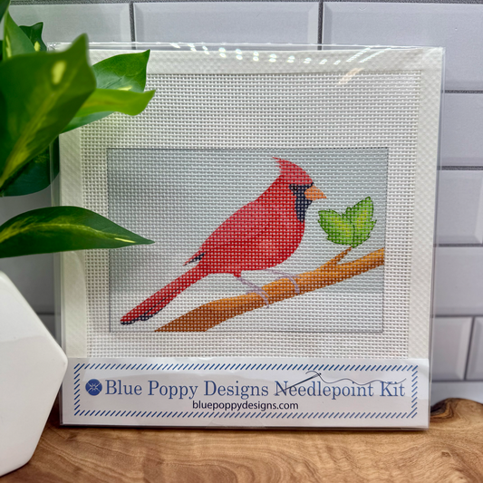 Cardinal Needlepoint Design 6x4 (two green leaves on branch) Needlepoint Kit Blue Poppy Designs