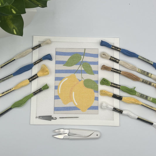 Two Lemons on Blue Stripes Needlepoint Design Needlepoint Kit Blue Poppy Designs
