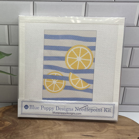 Three Lemons on Blue Stripes Needlepoint Design Needlepoint Kit Blue Poppy Designs