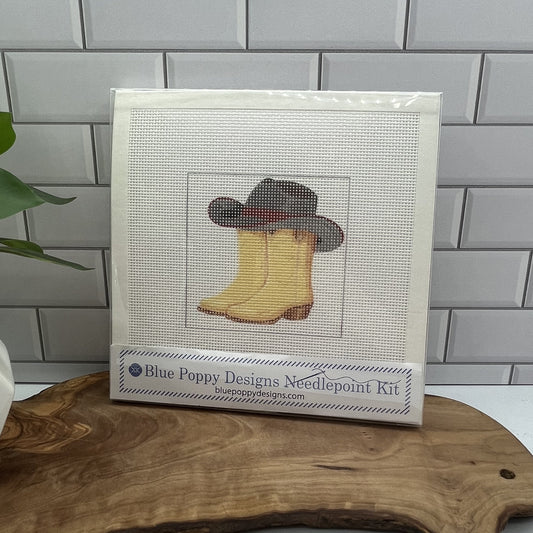 Cowboy Boots and Hat Needlepoint Design Needlepoint Kit Blue Poppy Designs