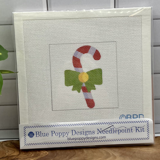 Candy Cane with Green Bow Needlepoint Design Needlepoint Kit Blue Poppy Designs