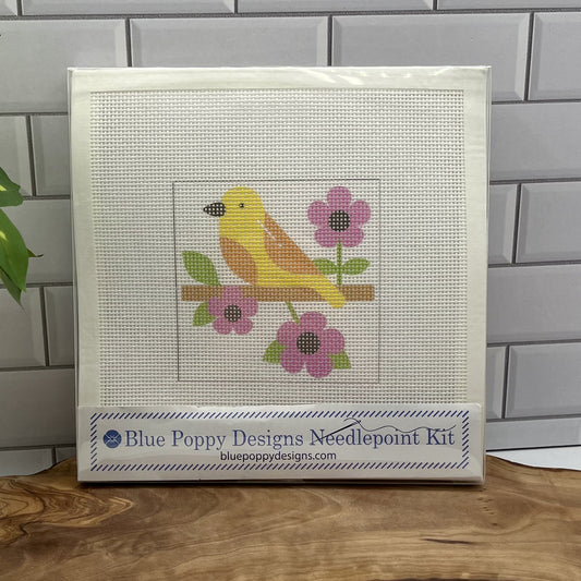 Yellowbird with Pink Flowers Needlepoint Design Needlepoint Kit Blue Poppy Designs