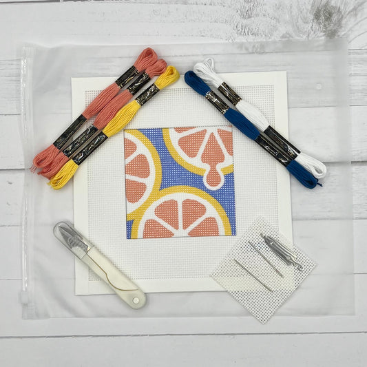 Grapefruit Slices Needlepoint Design (Part 4 of 4 of the Citrus Coaster set) Needlepoint Kit Blue Poppy Designs