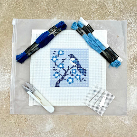 Magpie on Blossom (Chinoiserie) Needlepoint Design Needlepoint Kit Blue Poppy Designs