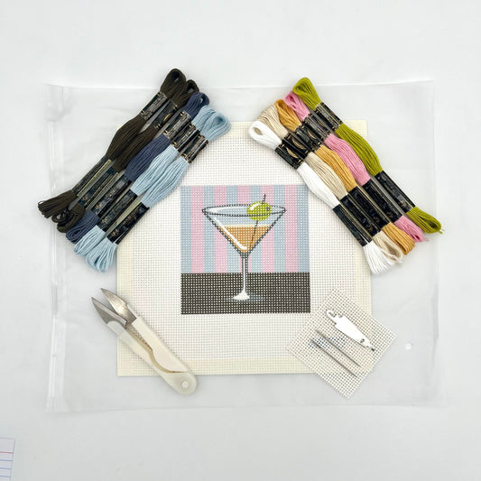 Martini on a striped background Needlepoint Design Needlepoint Kit Blue Poppy Designs