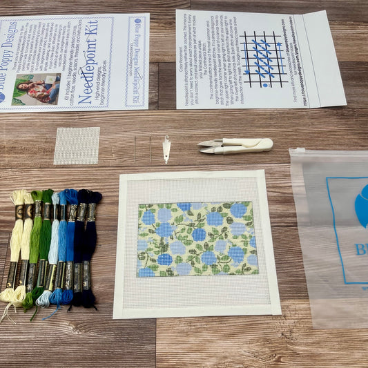 Custom Three Letters Blue Hydrangea Background Needlepoint Design