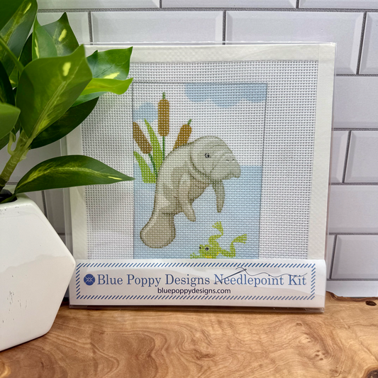 Manatee (with frog) Needlepoint Design Needlepoint Kit Blue Poppy Designs
