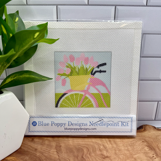 Bicycle with Pink Flowers Needlepoint Design Needlepoint Kit Blue Poppy Designs