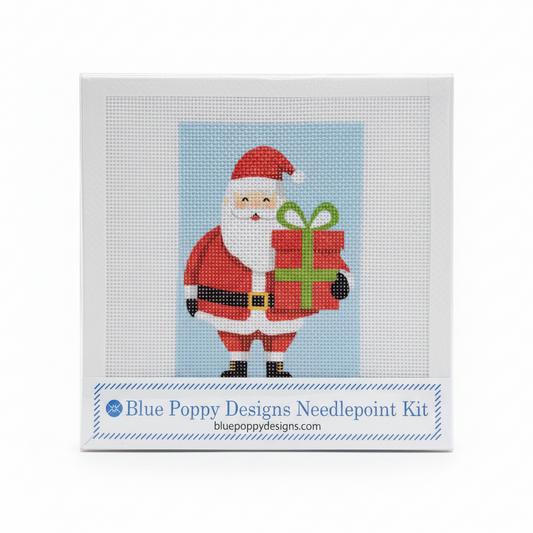Christmas Santa Needlepoint Design (holding present) Needlepoint Kit Blue Poppy Designs
