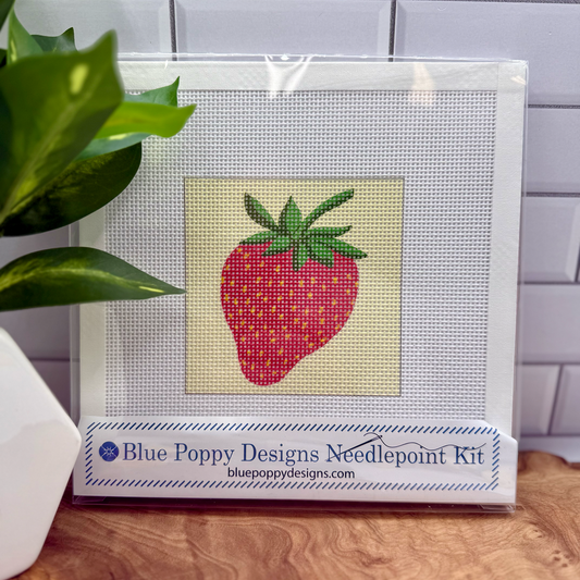 Strawberry Needlepoint Design (on yellow background color) Needlepoint Kit Blue Poppy Designs