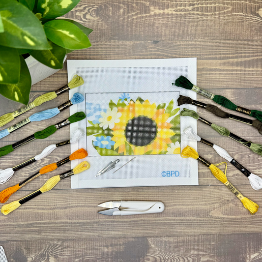 Sunflower with Daisies and Wildflowers Needlepoint Design Needlepoint Kit Blue Poppy Designs