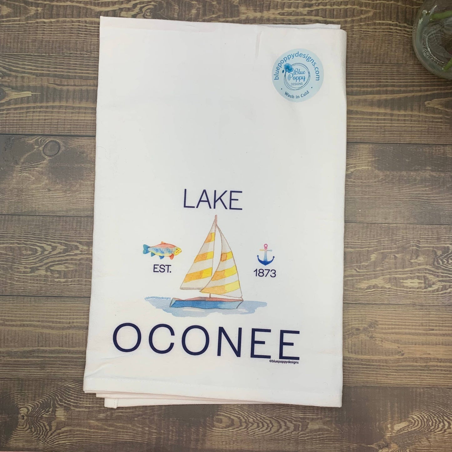 Sailboat Lake Watercolor Kitchen Towel Kitchen Towel/Dishcloth Blue Poppy Designs white