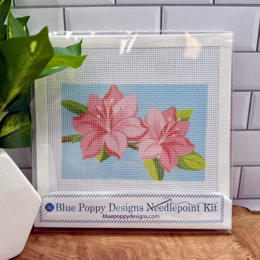 Azaleas Needlepoint Design (on brown branch blue background) Needlepoint Kit Blue Poppy Designs