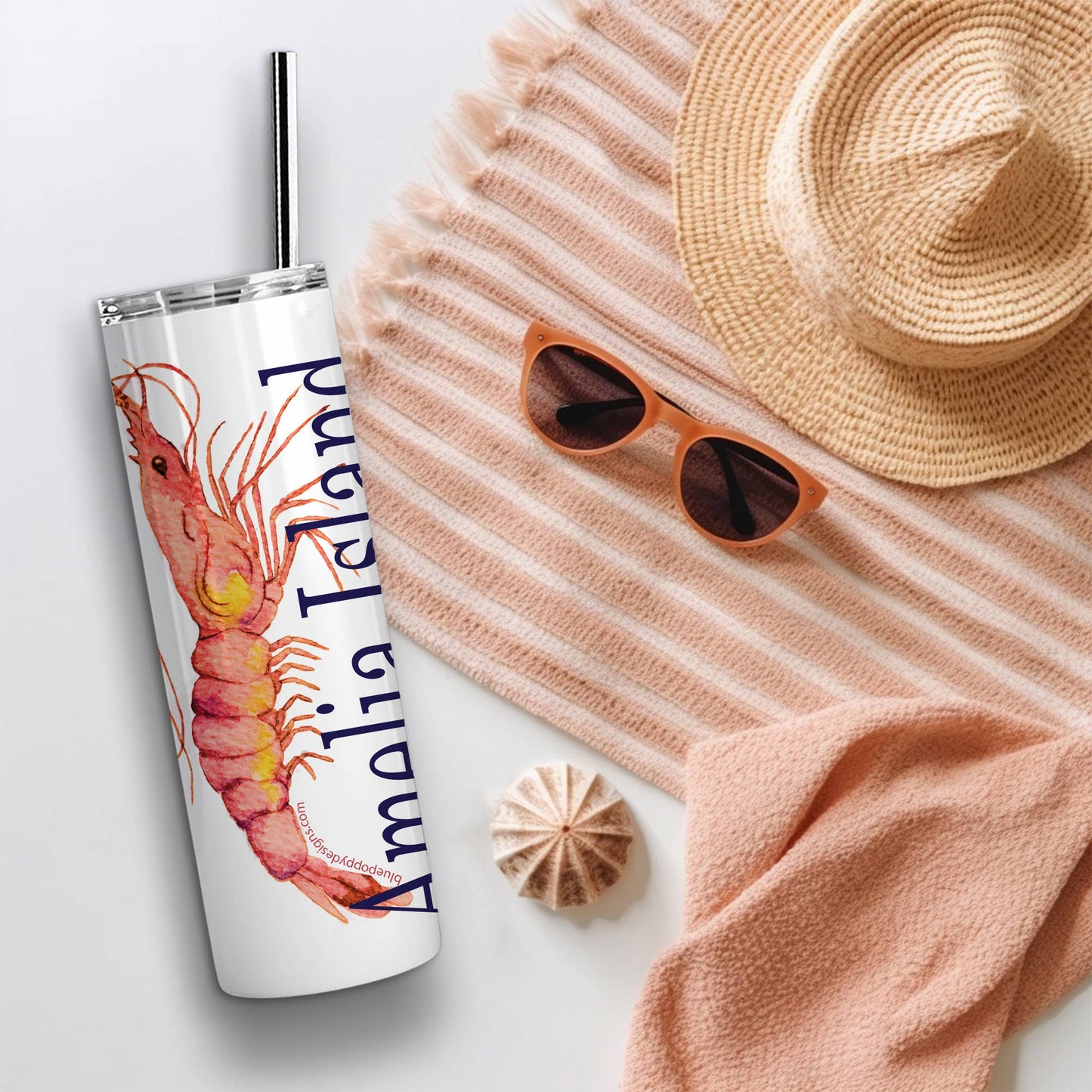 Pink Shrimp 20 oz Tumbler - Customize it with "your town" Insulated Mug/Tumbler Blue Poppy Designs
