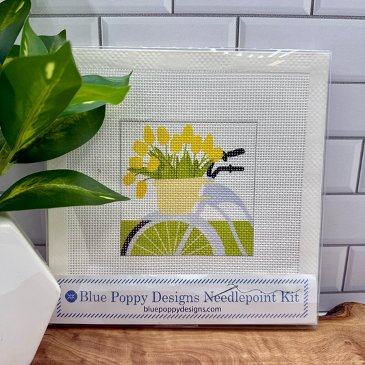 Blue Bicycle with Yellow Flowers Needlepoint Design Needlepoint Kit Blue Poppy Designs