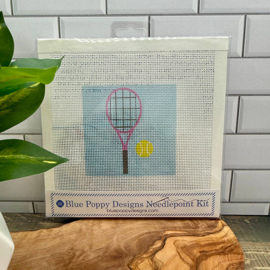 Tennis Racquet Needlepoint Design (on cyan) Needlepoint Kit Blue Poppy Designs