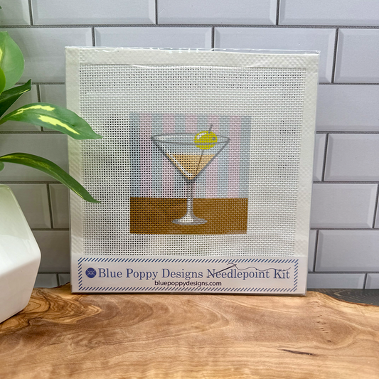 Martini on a striped background Needlepoint Design Needlepoint Kit Blue Poppy Designs