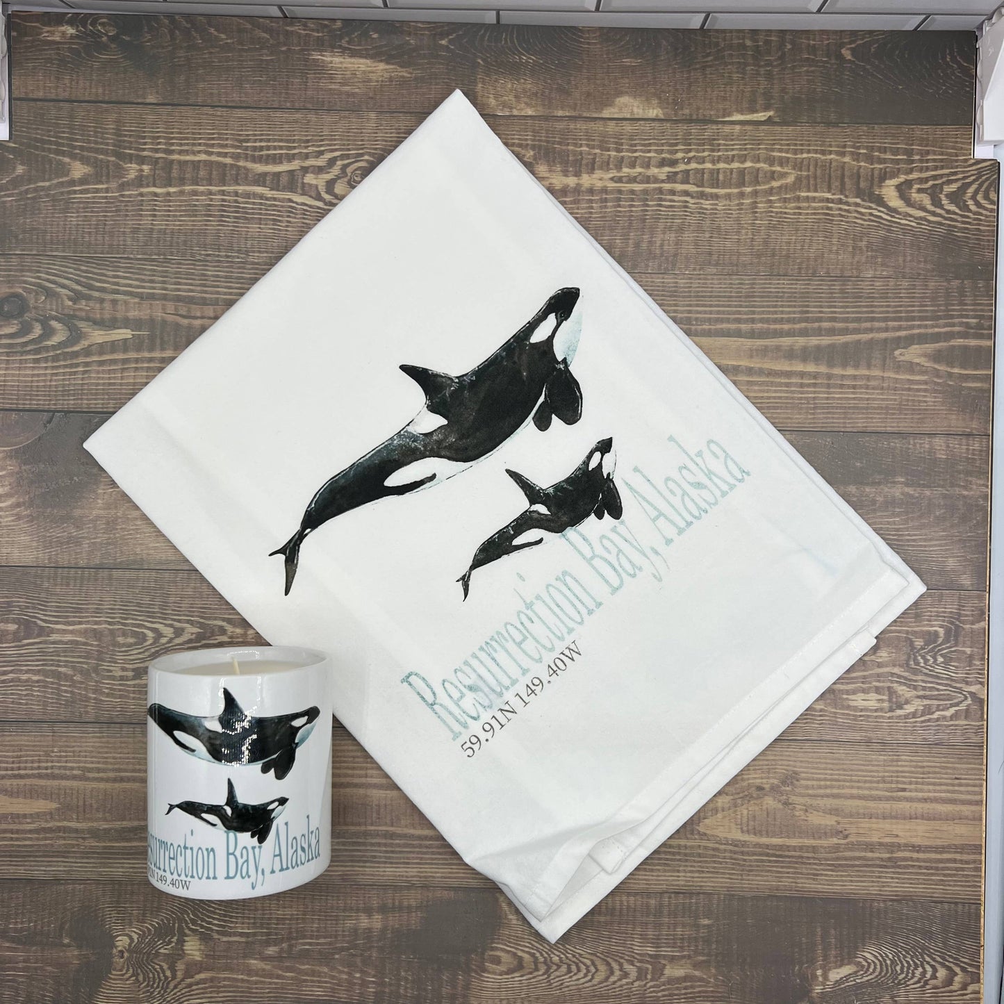 Custom Your Town Orca Whale watercolor 27x27 Kitchen Towel Kitchen Towel/Dishcloth Blue Poppy Designs