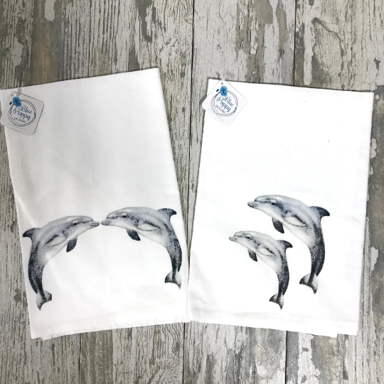 Watercolor Dolphin Kitchen Towel Kitchen Towel/Dishcloth Blue Poppy Designs 27x27 White Mirrored Dolphins