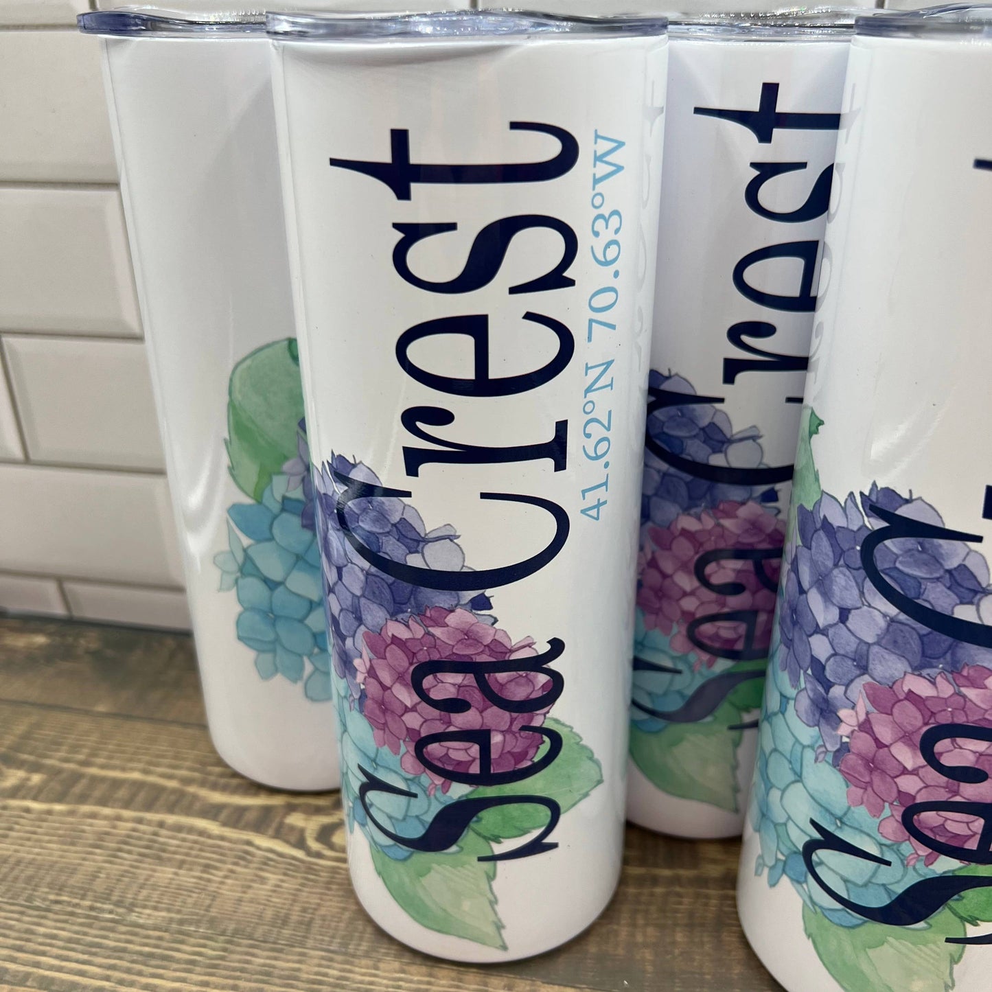 Hydrangea 20 oz Tumbler - Customize it with your town Drinking Glass/Tumbler Blue Poppy Designs