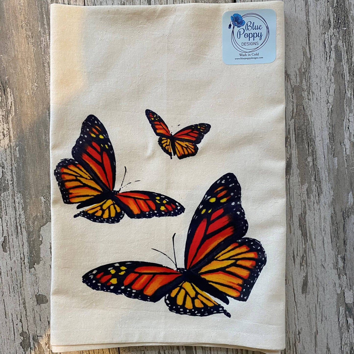 Watercolor Monarch Butterfly Kitchen Towel Dinner & Cloth Napkin Blue Poppy Designs 27x27 Art Only