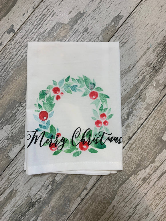 Christmas Watercolor Wreath Kitchen Towel Kitchen Towel/Dishcloth Blue Poppy Designs 27x27 Merry Christmas 