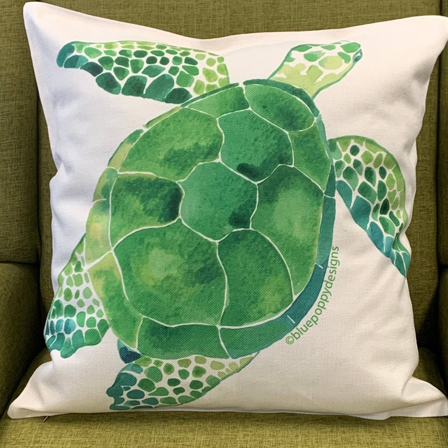 Green Turtle Square Pillow Throw/Decorative Pillow Blue Poppy Designs white Art Only