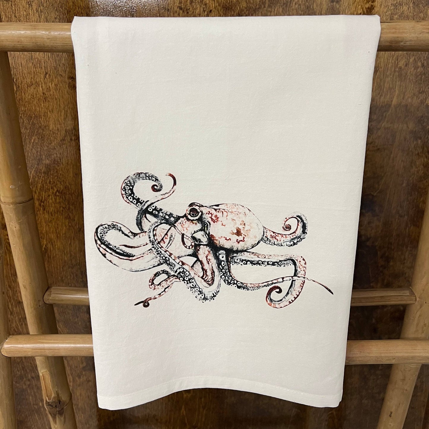 Octopus (watercolor) on a 27 x 27 Kitchen Towel Kitchen Towel/Dishcloth Blue Poppy Designs White Art Only