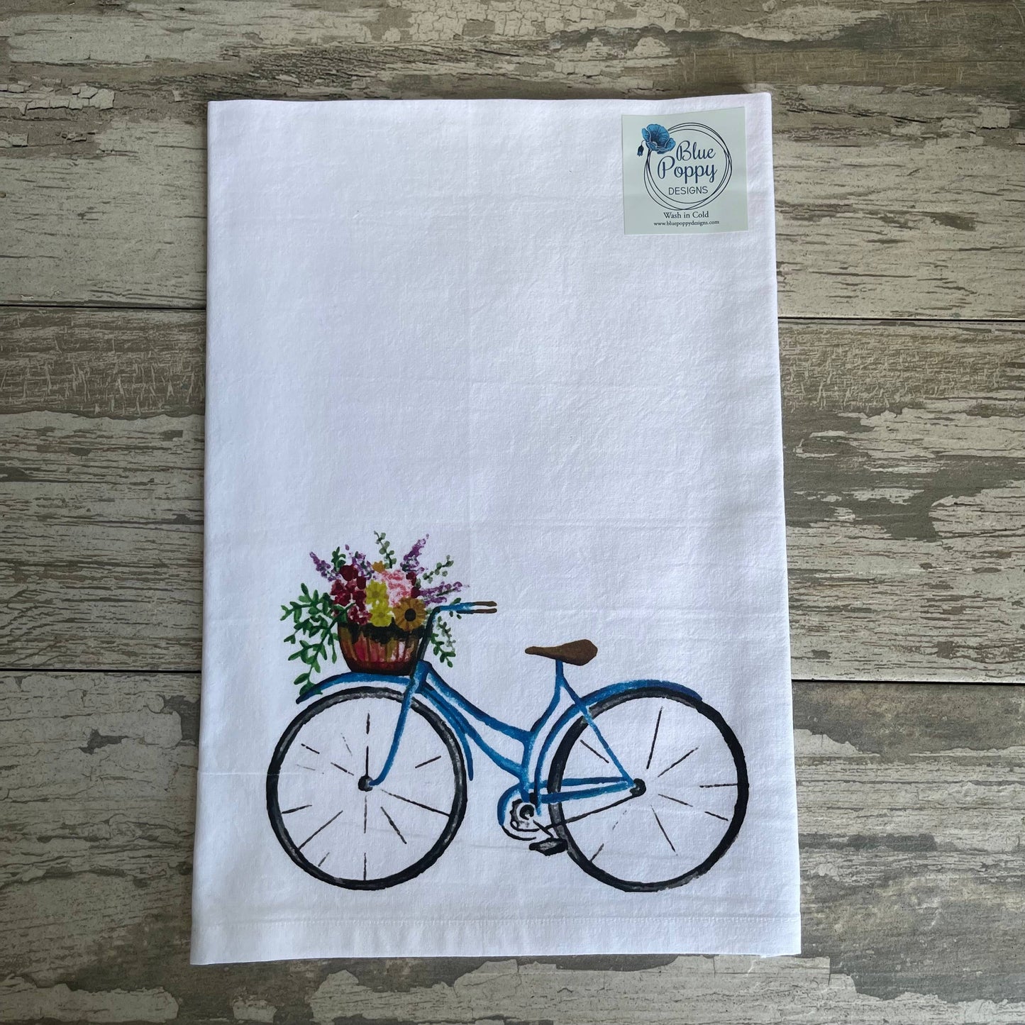 Watercolor Flower Bicycle Kitchen Towel Kitchen Towel/Dishcloth Blue Poppy Designs 27x27 Art Only