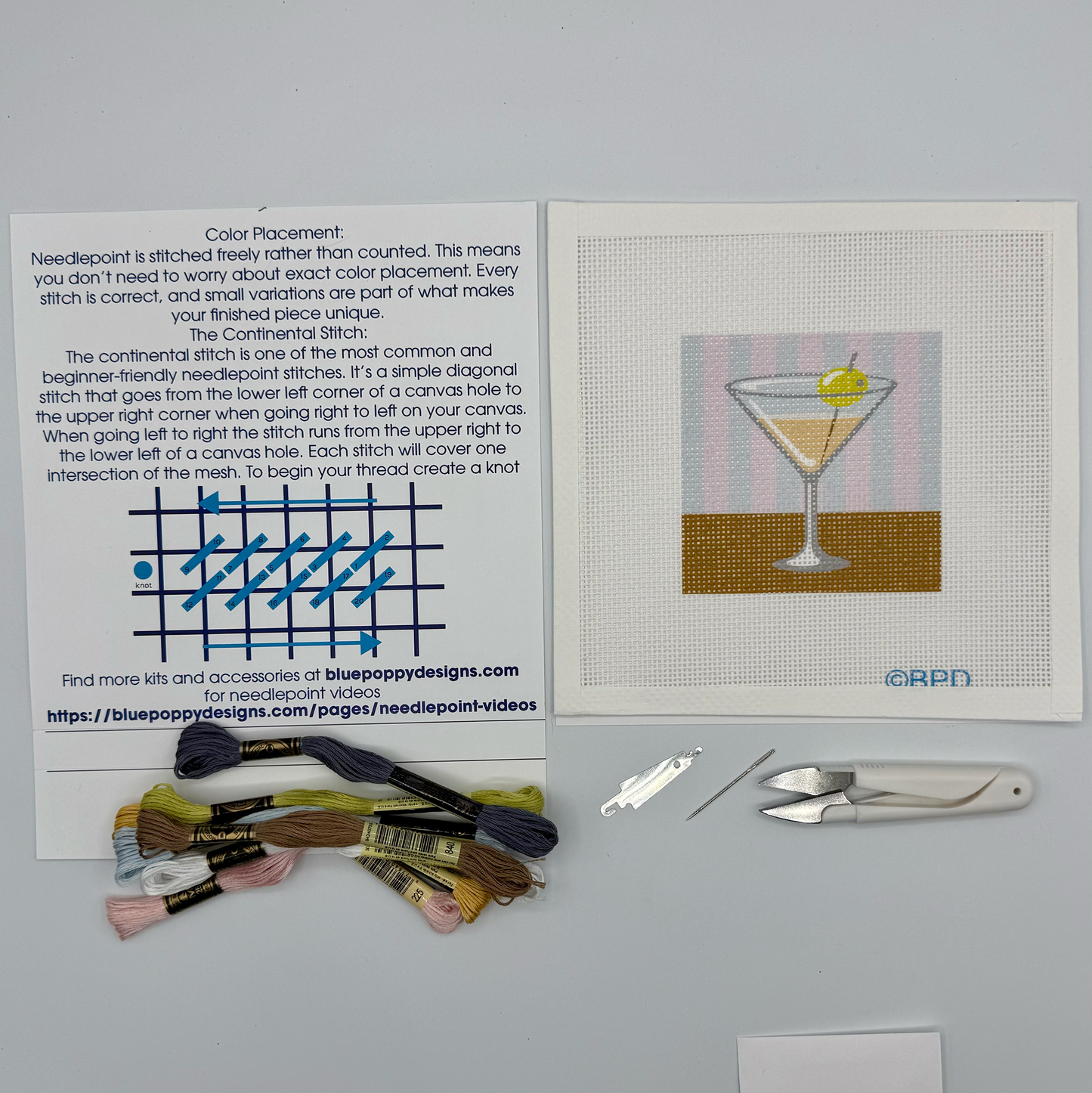 Martini on a striped background Needlepoint Kit Canvas Art Blue Poppy Designs