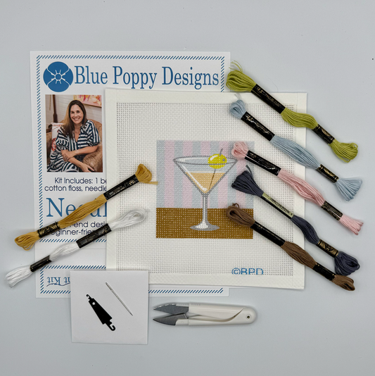 Martini on a striped background Needlepoint Kit Canvas Art Blue Poppy Designs