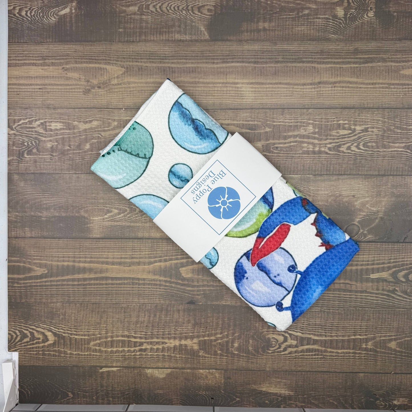 Blue Crab with Bubbles Waffle Kitchen Towel Tea Towel Blue Poppy Designs
