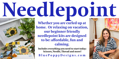 Needlepoint Kit POP Showroom Store Display Bookcase needlepoint Blue Poppy Designs