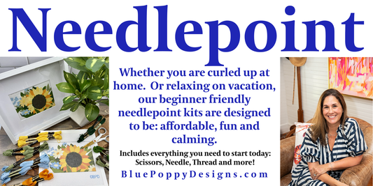 Needlepoint Kit POP Showroom Store Display Bookcase needlepoint Blue Poppy Designs