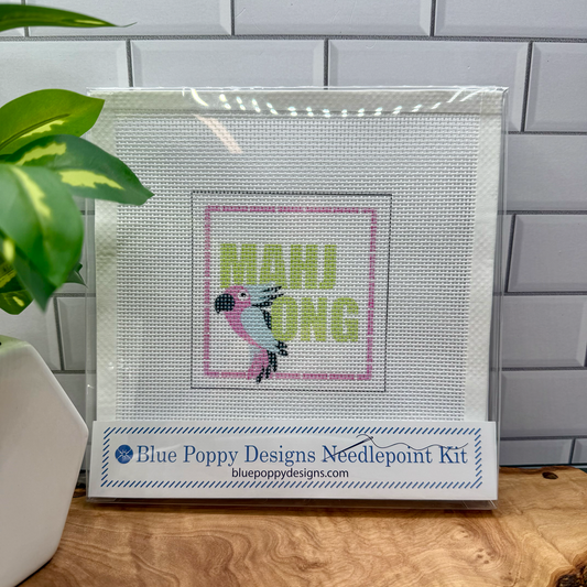 "Mahjong" with Parrot and Pink Bamboo Needlepoint Kit Embroidery/Cross Stitch Supplies Blue Poppy Designs