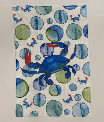 Blue Crab with Bubbles Waffle Kitchen Towel Tea Towel Blue Poppy Designs