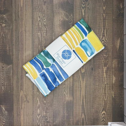 Bright Yellow and Blue Waffle Kitchen Towel Tea Towel Blue Poppy Designs