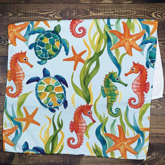Sea Life Waffle Kitchen Towel Tea Towel Blue Poppy Designs