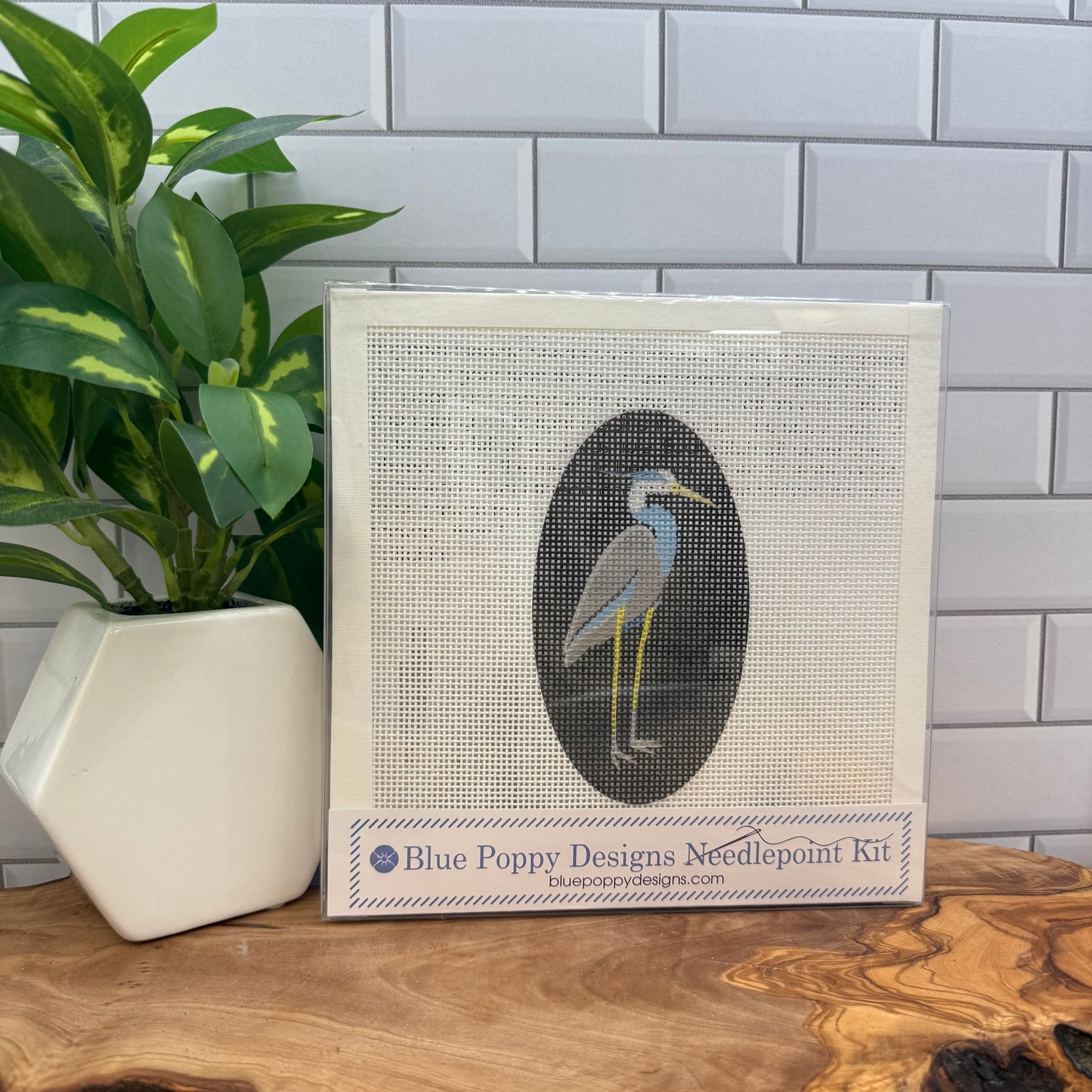 Heron Needlepoint Kit (Heron Oval) Blue Poppy Designs