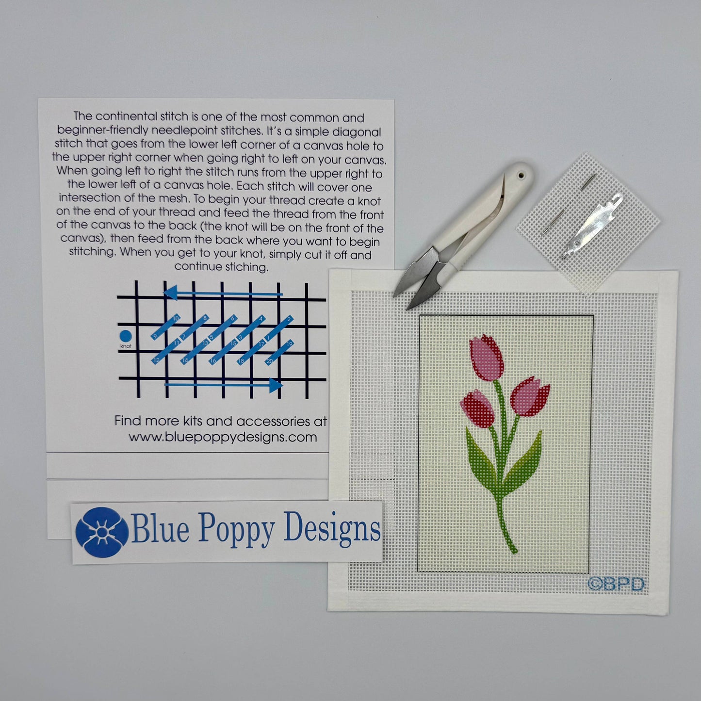 Tulips Needlepoint Kit (solid beige background) Embroidery/Cross Stitch Supplies Blue Poppy Designs