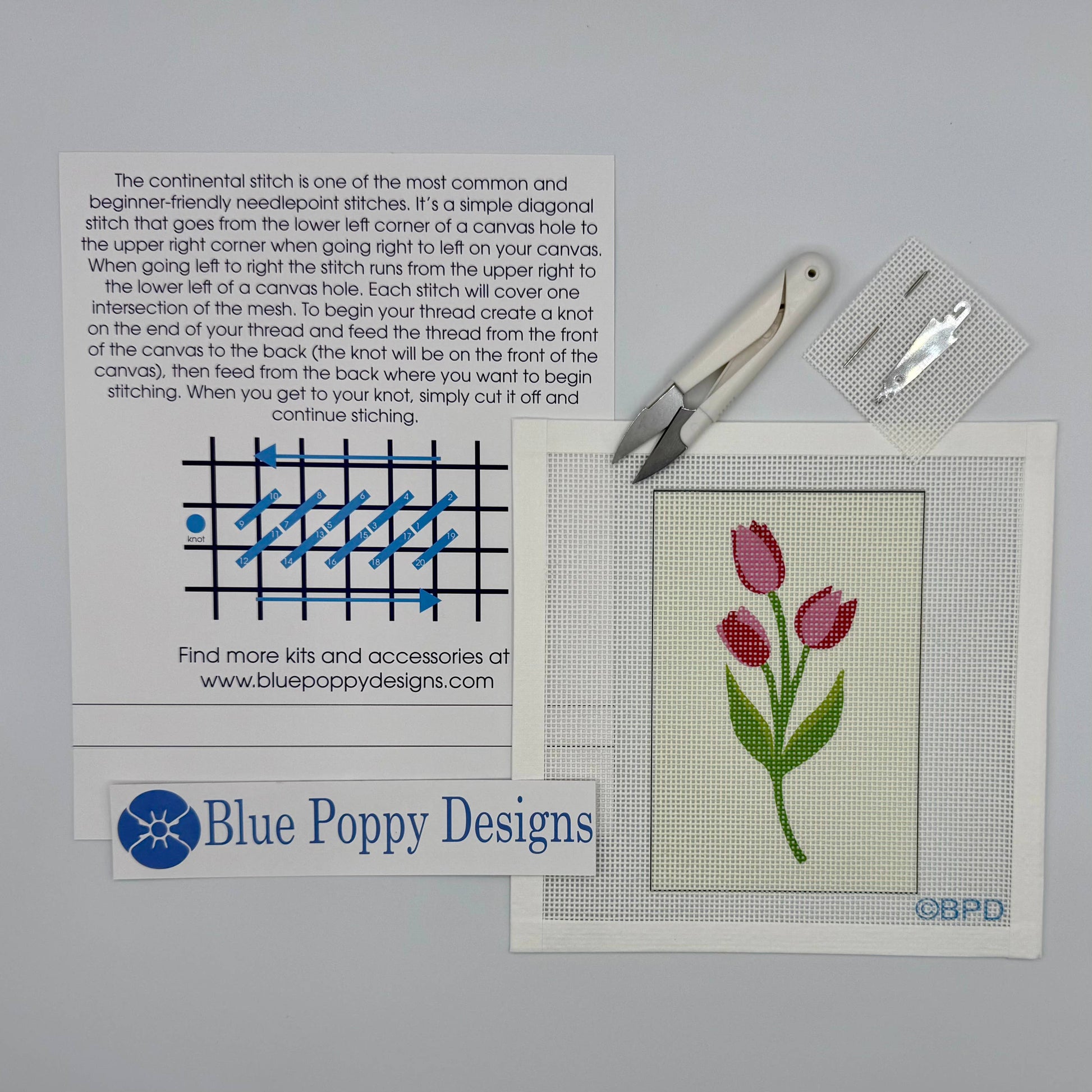 Tulips Needlepoint Kit (solid beige background) Embroidery/Cross Stitch Supplies Blue Poppy Designs