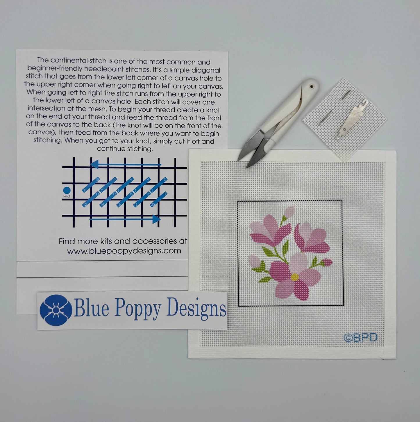 Pink Flowers Needlepoint Kit Embroidery/Cross Stitch Supplies Blue Poppy Designs