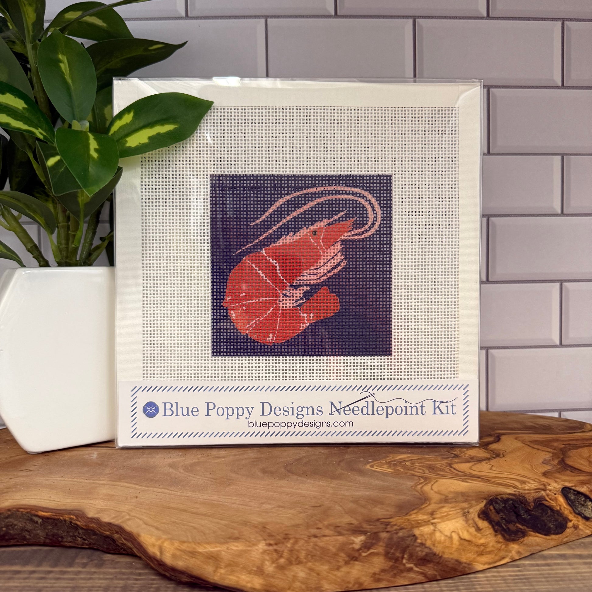 Shrimp on Dark Blue Needlepoint Kit Blue Poppy Designs