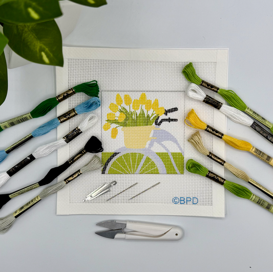 Blue Bicycle with Yellow Flowers Needlepoint Kit Embroidery/Cross Stitch Supplies Blue Poppy Designs