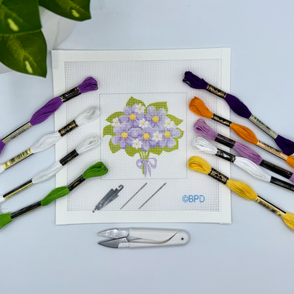 Bouquet of Purple Flowers Needlepoint Kit Embroidery/Cross Stitch Supplies Blue Poppy Designs