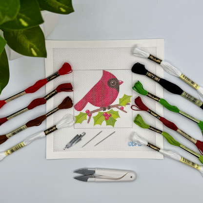 Cardinal with Holly Needlepoint Kit (Christmas series) Embroidery/Cross Stitch Supplies Blue Poppy Designs